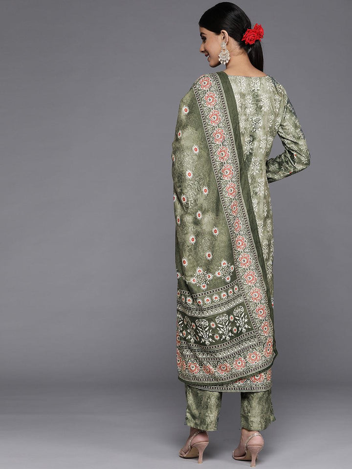 Green Printed Velvet Straight Suit Set