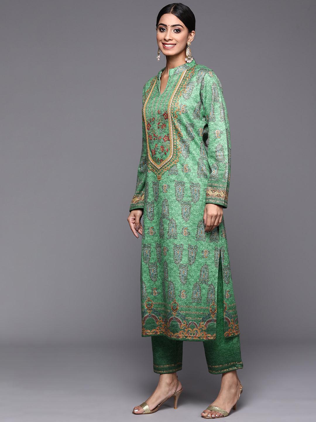 Green Printed Wool Straight Suit Set - ShopLibas 