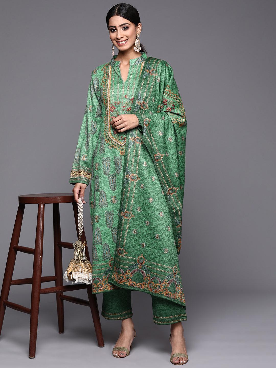 Green Printed Wool Straight Suit Set - ShopLibas 