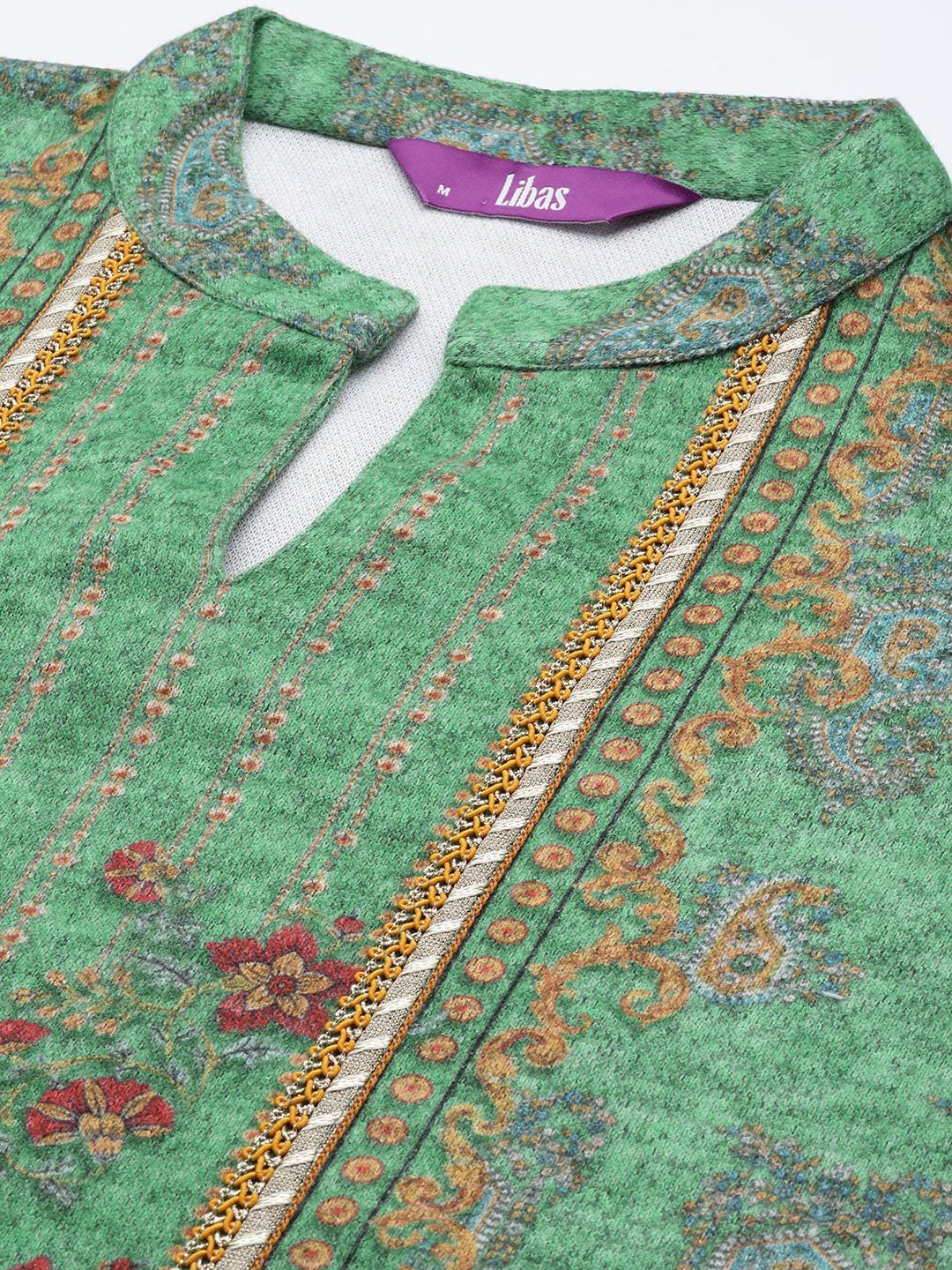Green Printed Wool Straight Suit Set - ShopLibas 