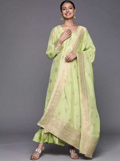 Green Self Design Chanderi Silk Straight Suit Set - ShopLibas