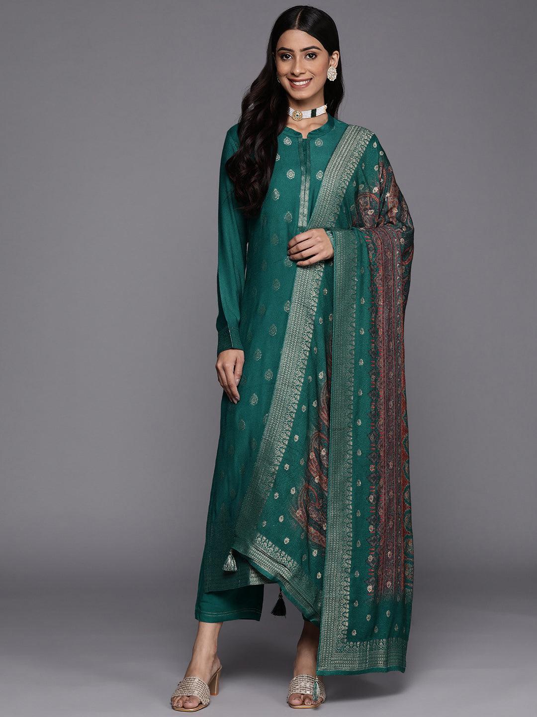 Green Self Design Pashmina Wool Straight Suit Set - ShopLibas 