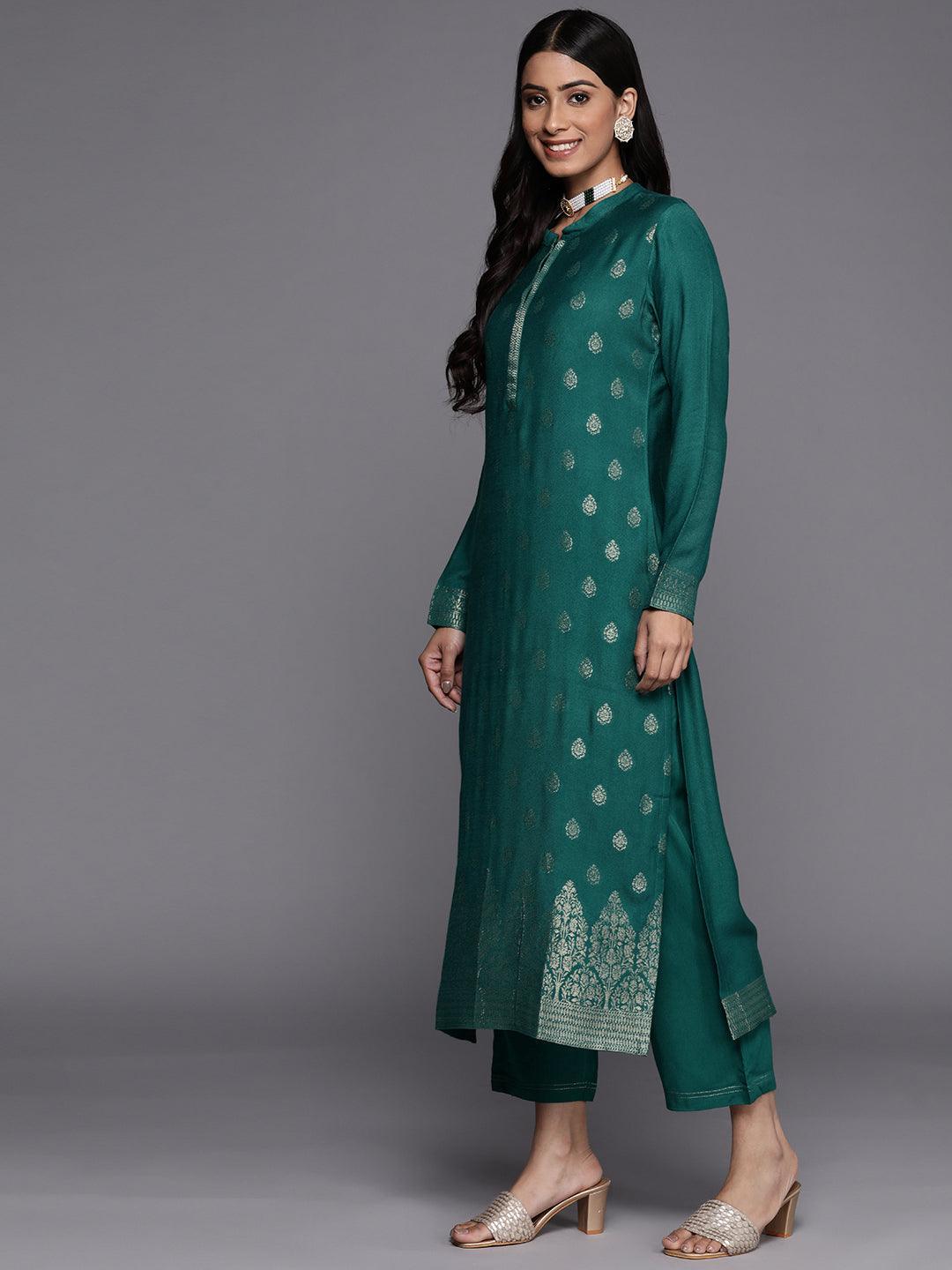 Green Self Design Pashmina Wool Straight Suit Set - ShopLibas 
