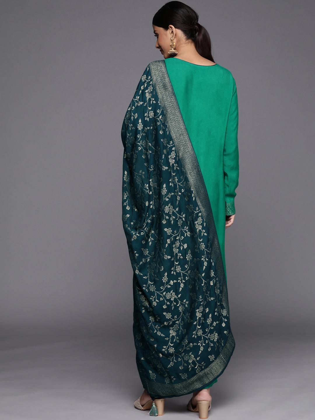 Green Self Design Pashmina Wool Straight Suit Set - ShopLibas 