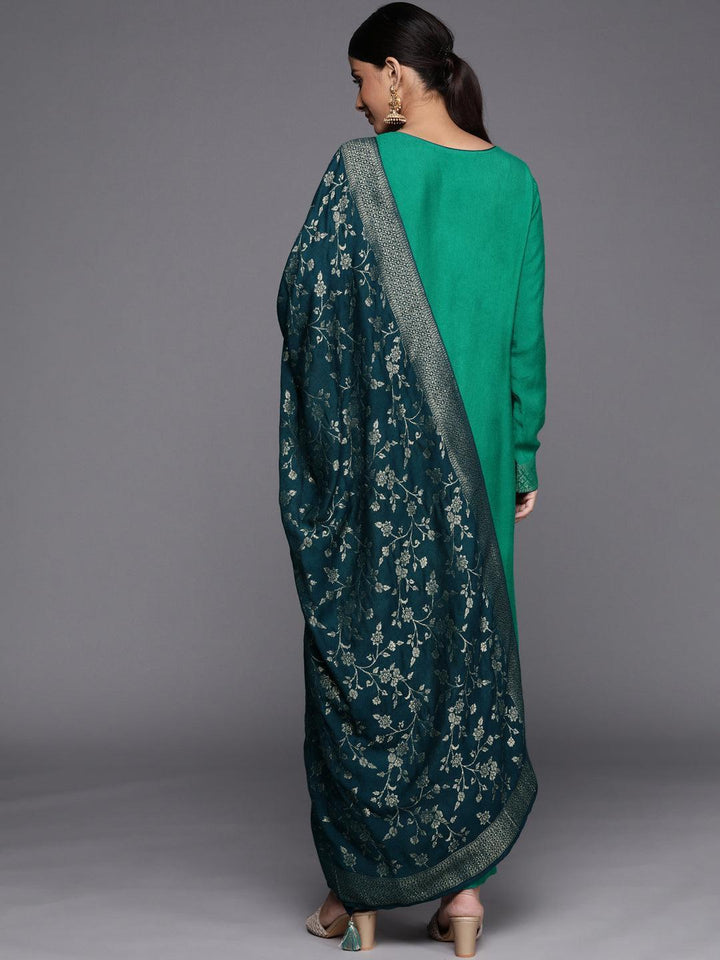 Green Self Design Pashmina Wool Straight Suit Set