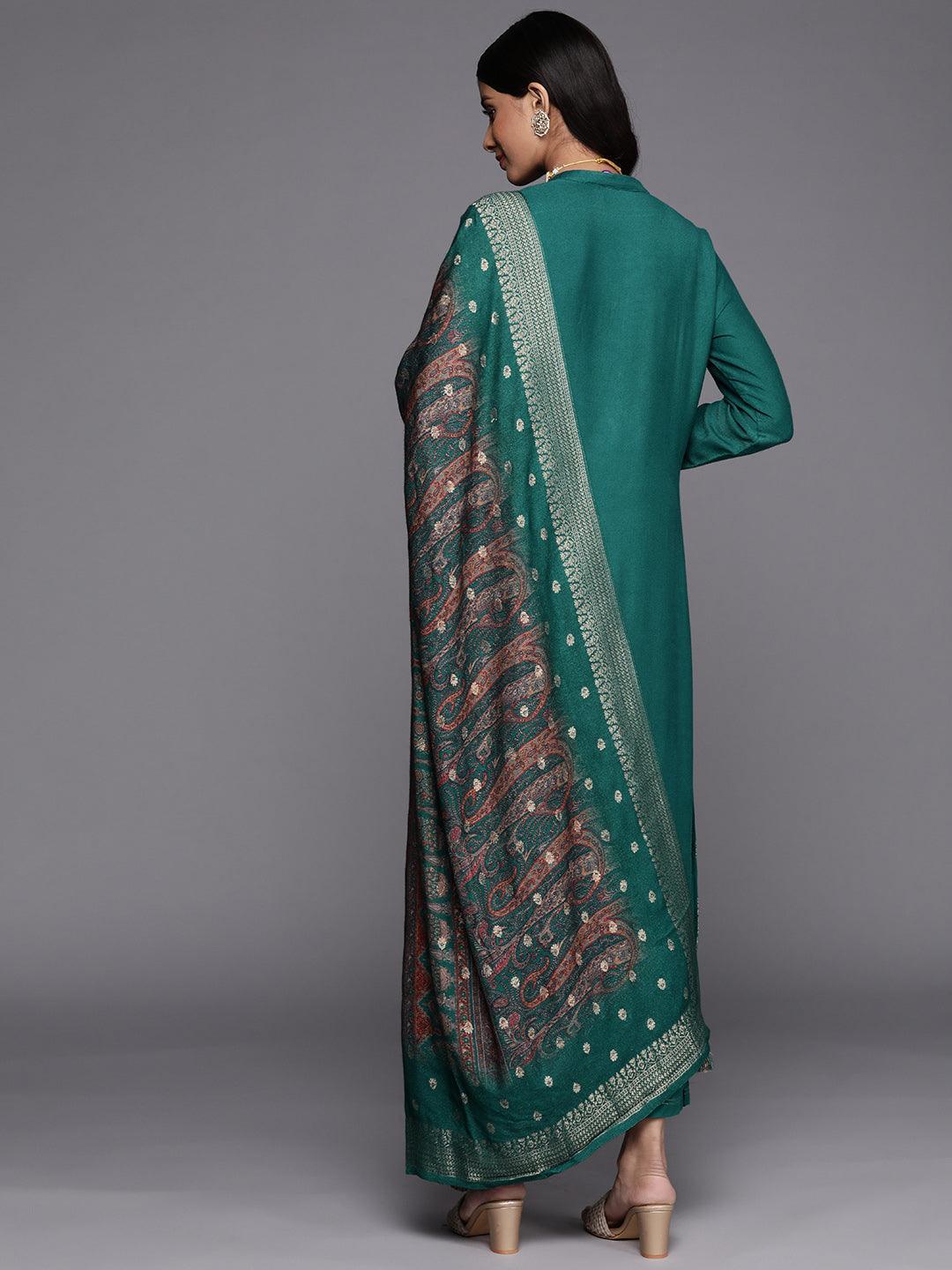 Green Self Design Pashmina Wool Straight Suit Set - ShopLibas 