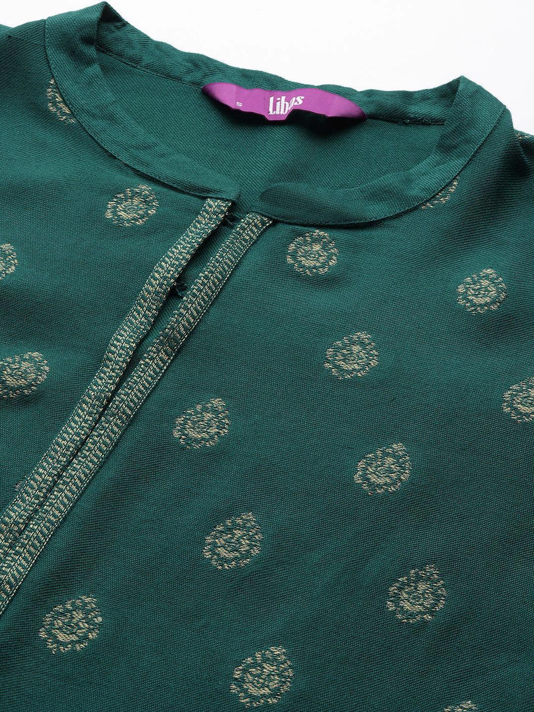 Green Self Design Pashmina Wool Straight Suit Set - ShopLibas 