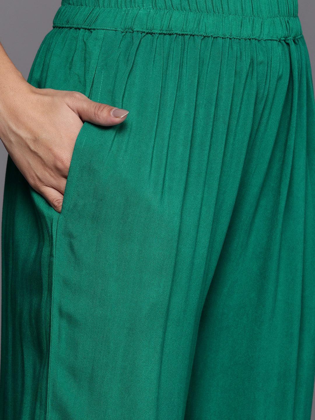 Green Self Design Pashmina Wool Straight Suit Set - ShopLibas 