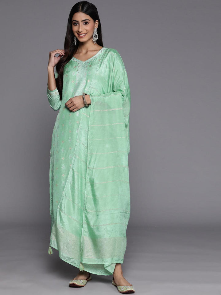 Green Self Design Silk Blend Suit Set With Trousers - ShopLibas