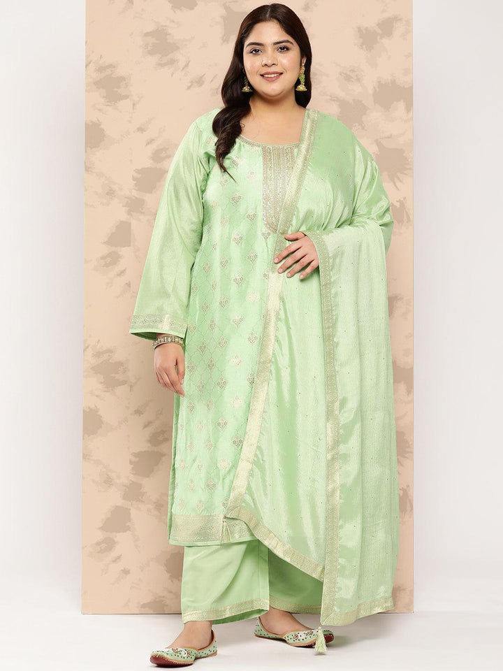 Green Self Design Silk Blend Straight Kurta With Trousers and Dupatta