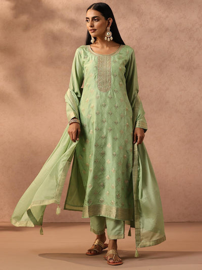 Green Self Design Silk Blend Suit Set With Trousers - ShopLibas