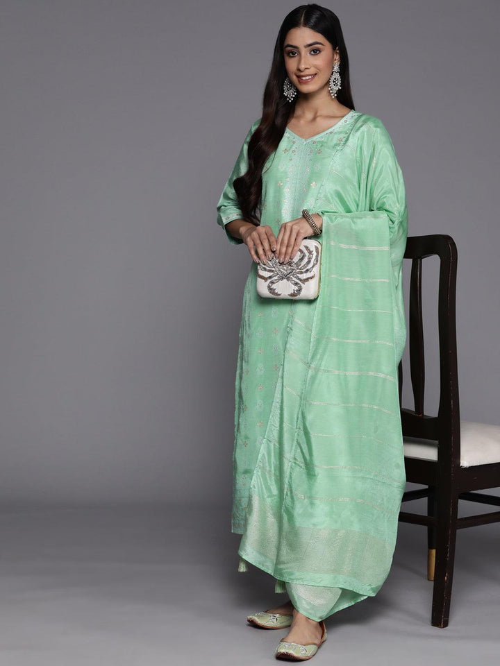 Green Self Design Silk Blend Suit Set With Trousers - ShopLibas