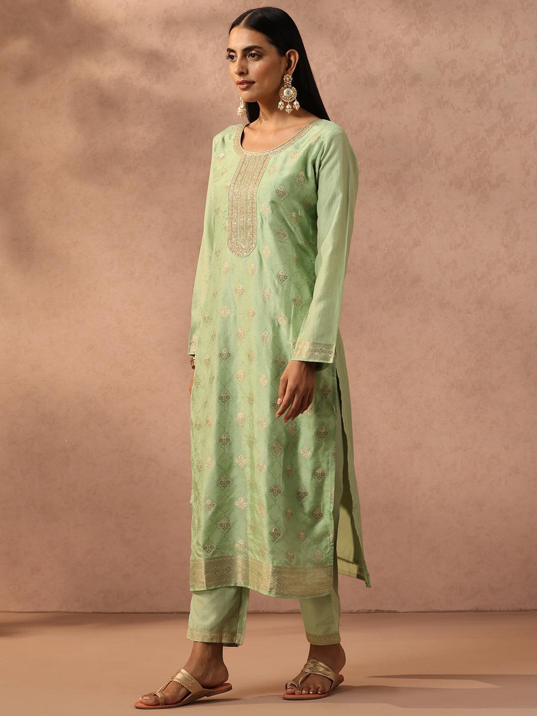 Green Self Design Silk Blend Suit Set With Trousers - ShopLibas 