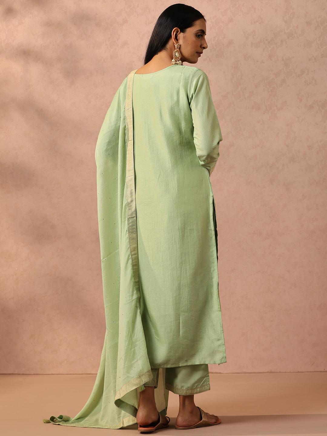 Green Self Design Silk Blend Suit Set With Trousers - ShopLibas 