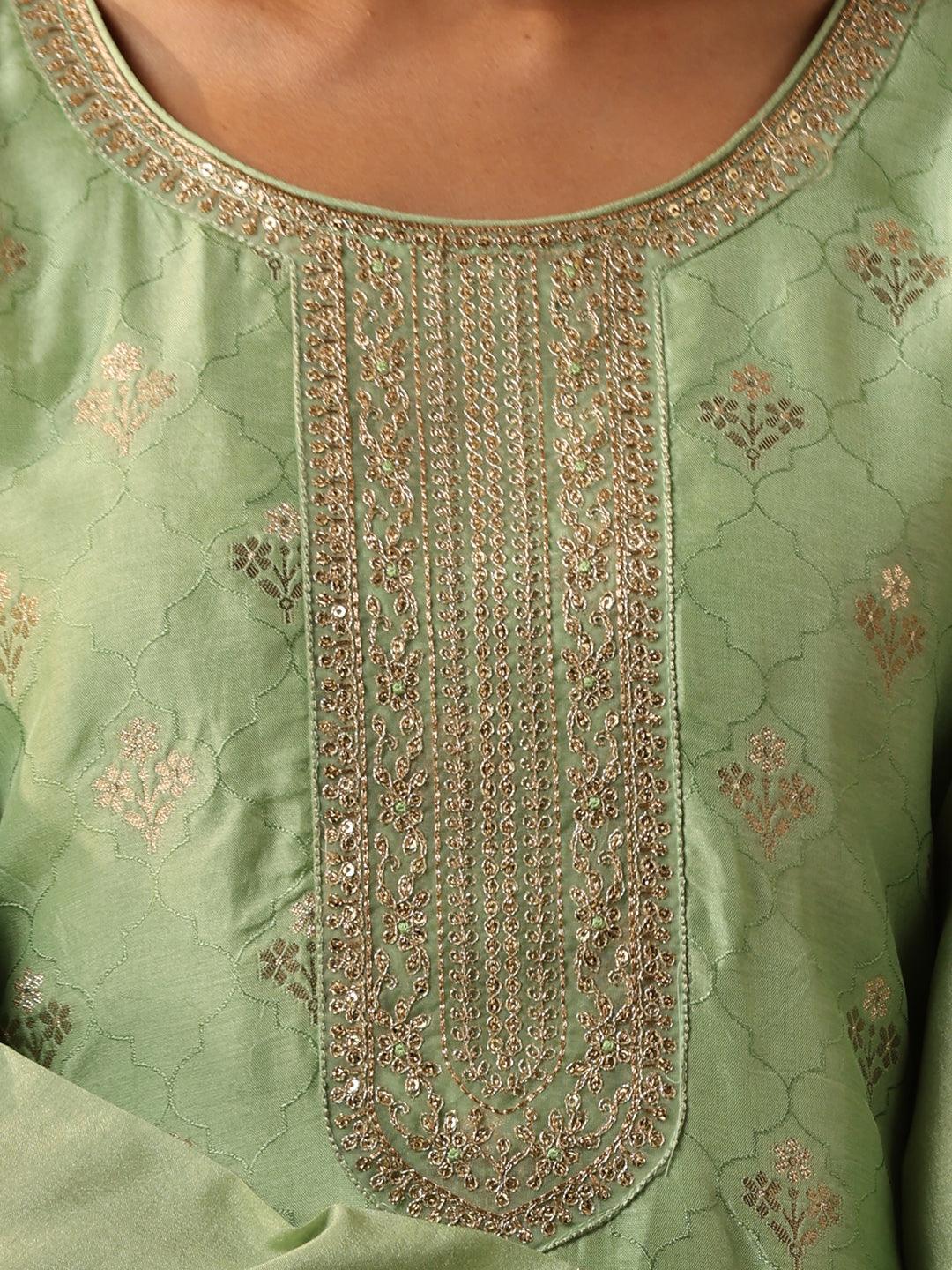 Green Self Design Silk Blend Suit Set With Trousers - ShopLibas 