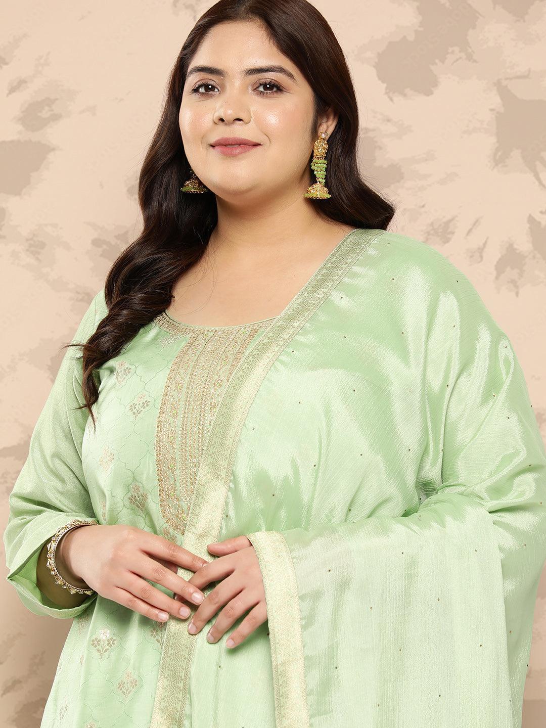 Green Self Design Silk Blend Straight Kurta With Trousers and Dupatta - Libas 