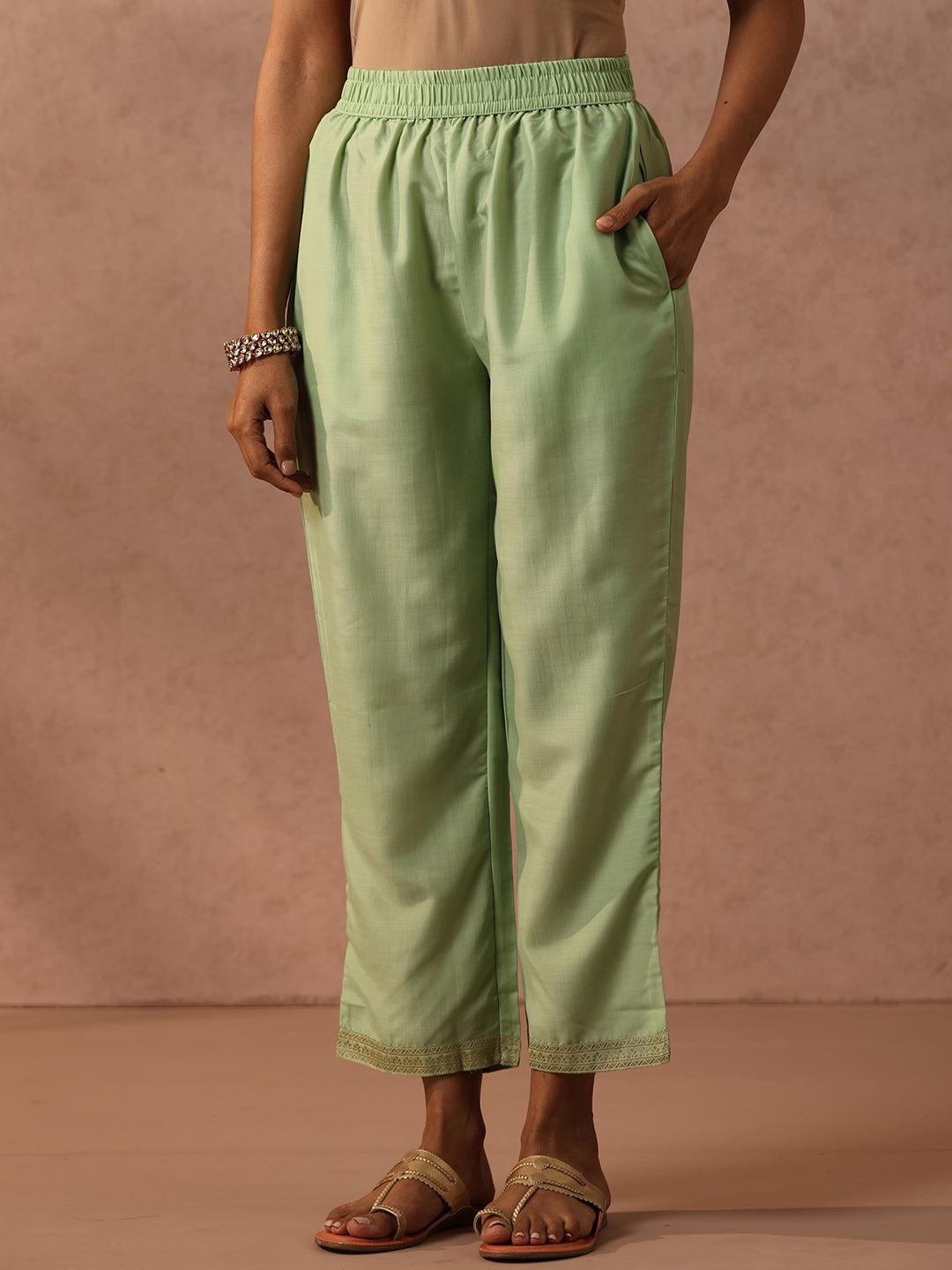 Green Self Design Silk Blend Suit Set With Trousers - ShopLibas 