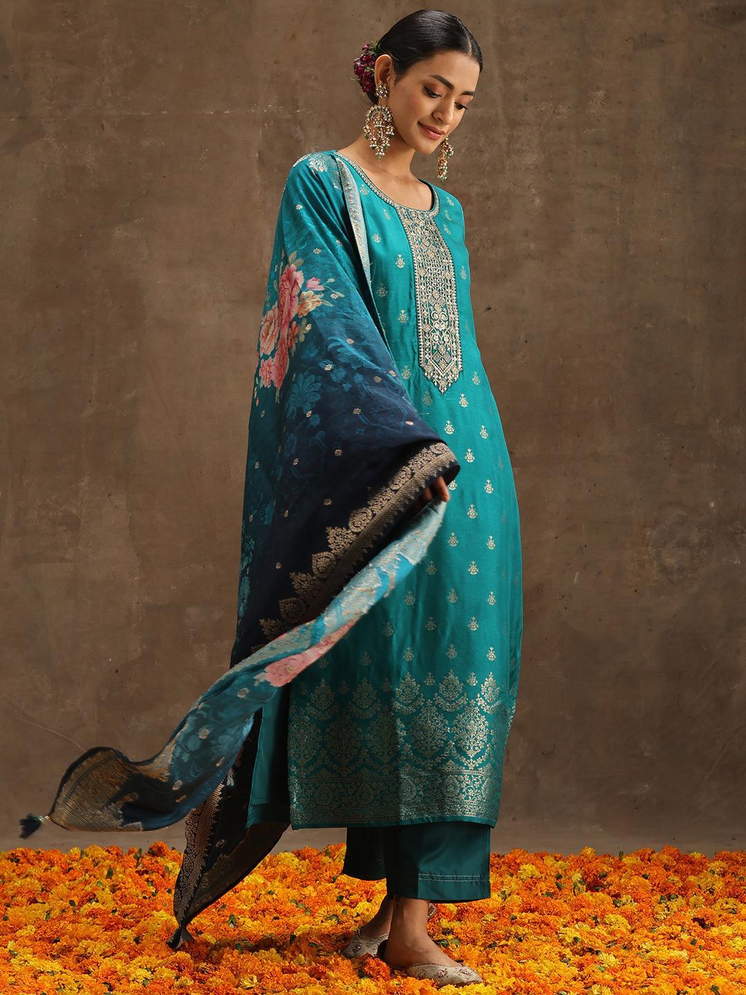 Green Self Design Silk Suit Set