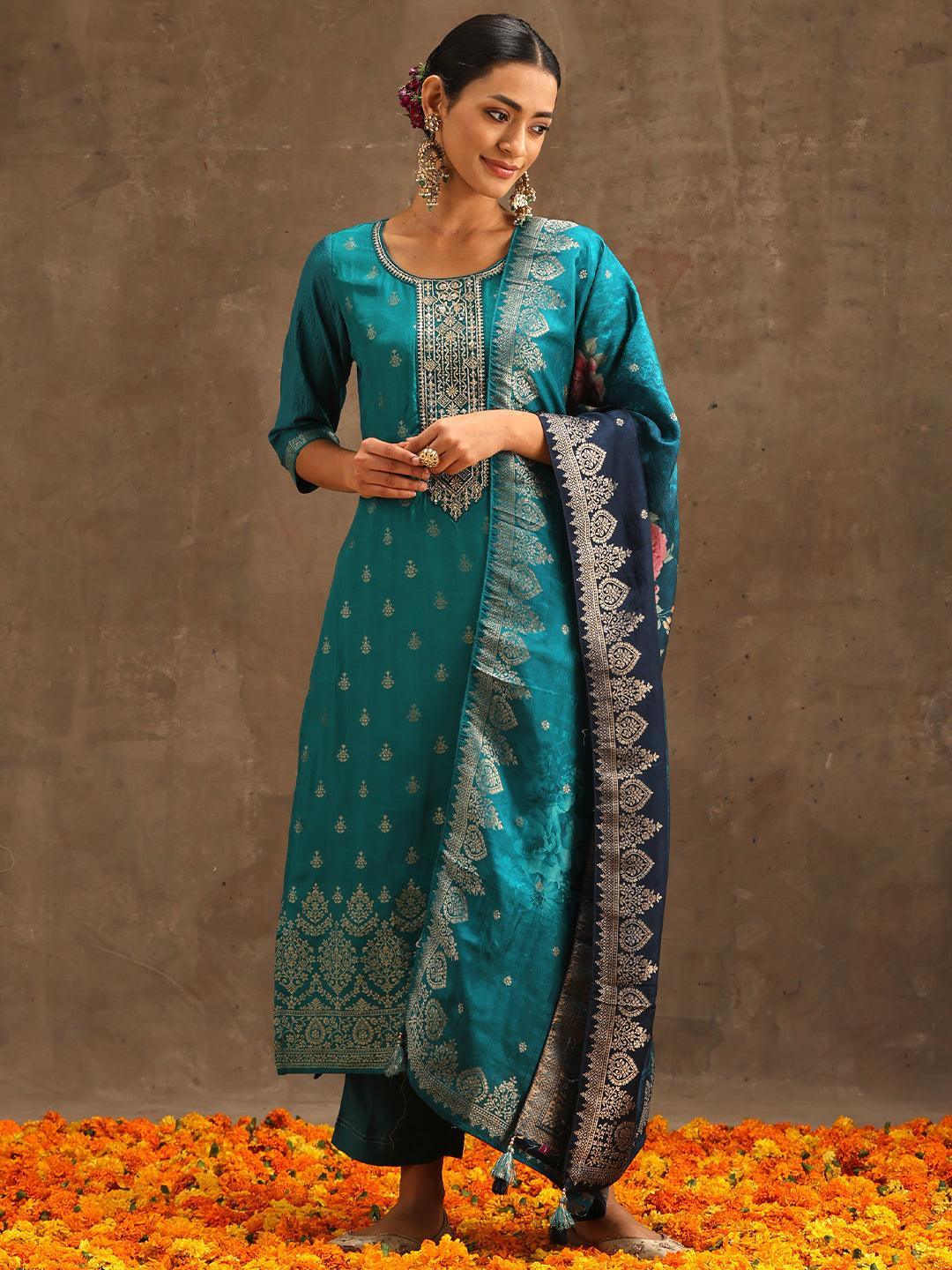 Green Self Design Silk Suit Set With Trousers - ShopLibas