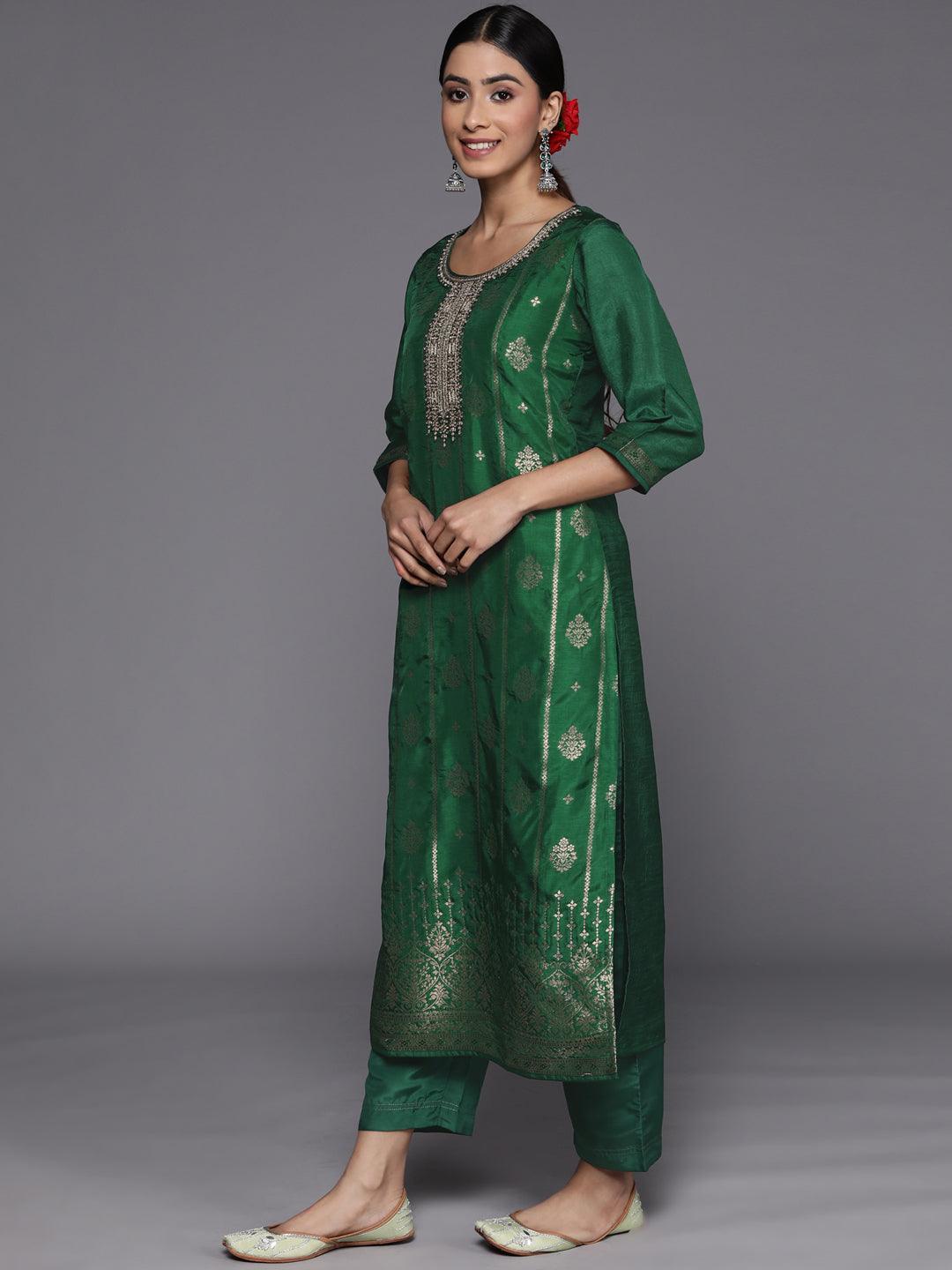 Green Self Design Silk Suit Set With Trousers - ShopLibas 