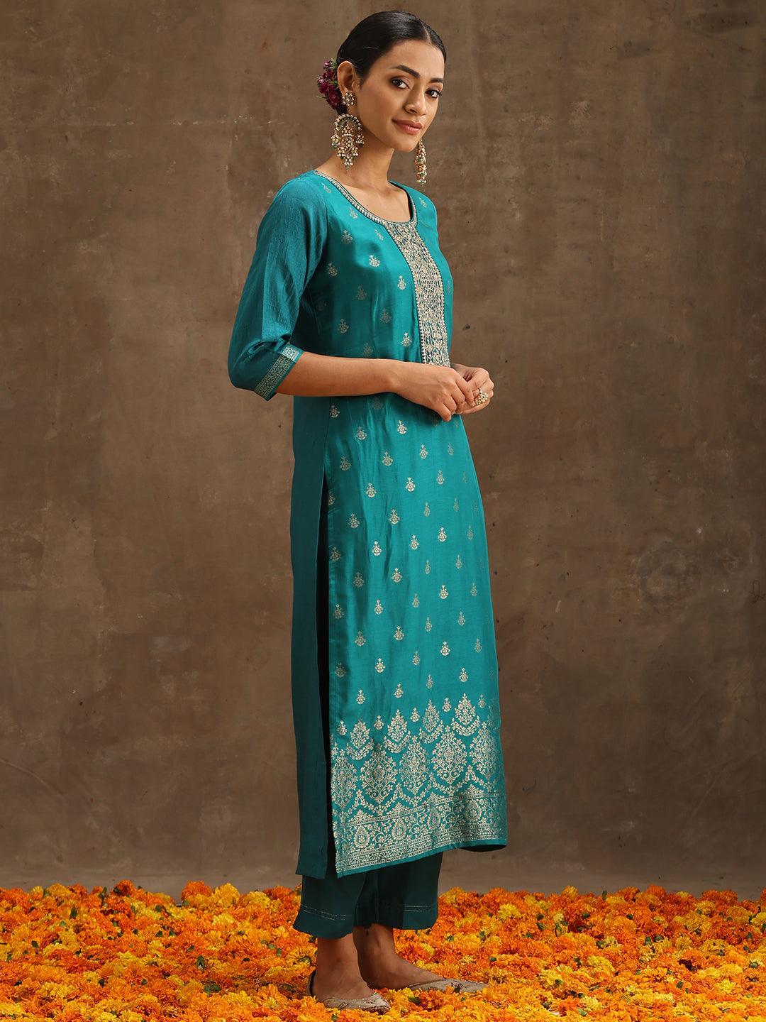 Green Self Design Silk Suit Set With Trousers - ShopLibas