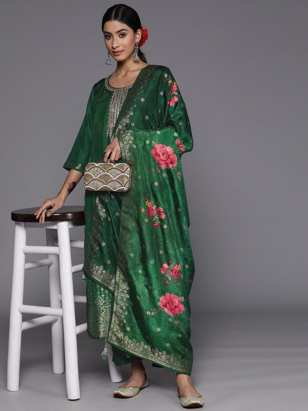 Green Self Design Silk Suit Set With Trousers - ShopLibas 