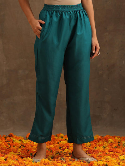 Green Self Design Silk Suit Set With Trousers - ShopLibas
