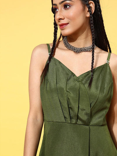 Green Solid Georgette Dress - ShopLibas