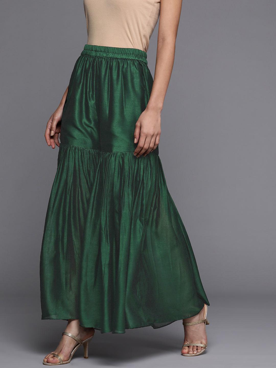 Green Solid Silk Blend Palazzos - Libas 