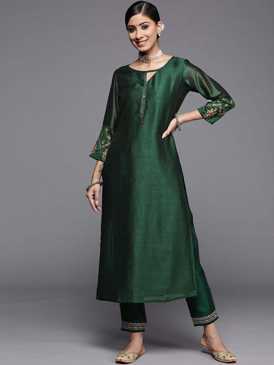 Green Solid Silk Kurta - ShopLibas