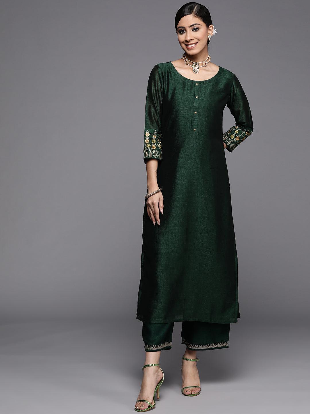 Green Solid Silk Kurta - ShopLibas