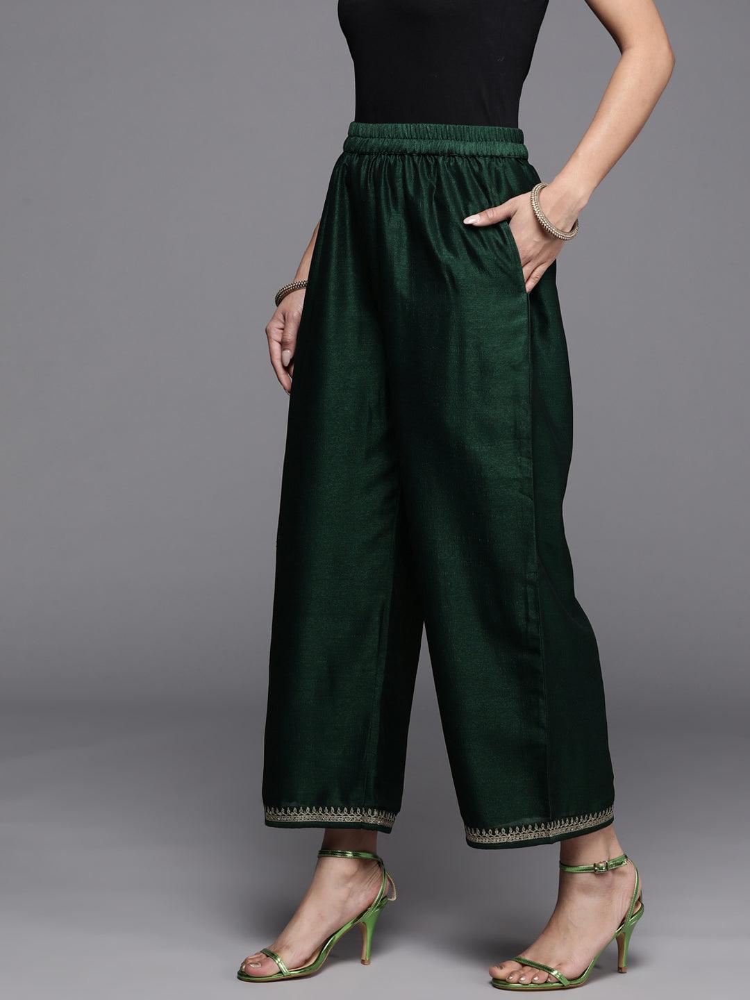 Green Solid Silk Palazzos - ShopLibas 
