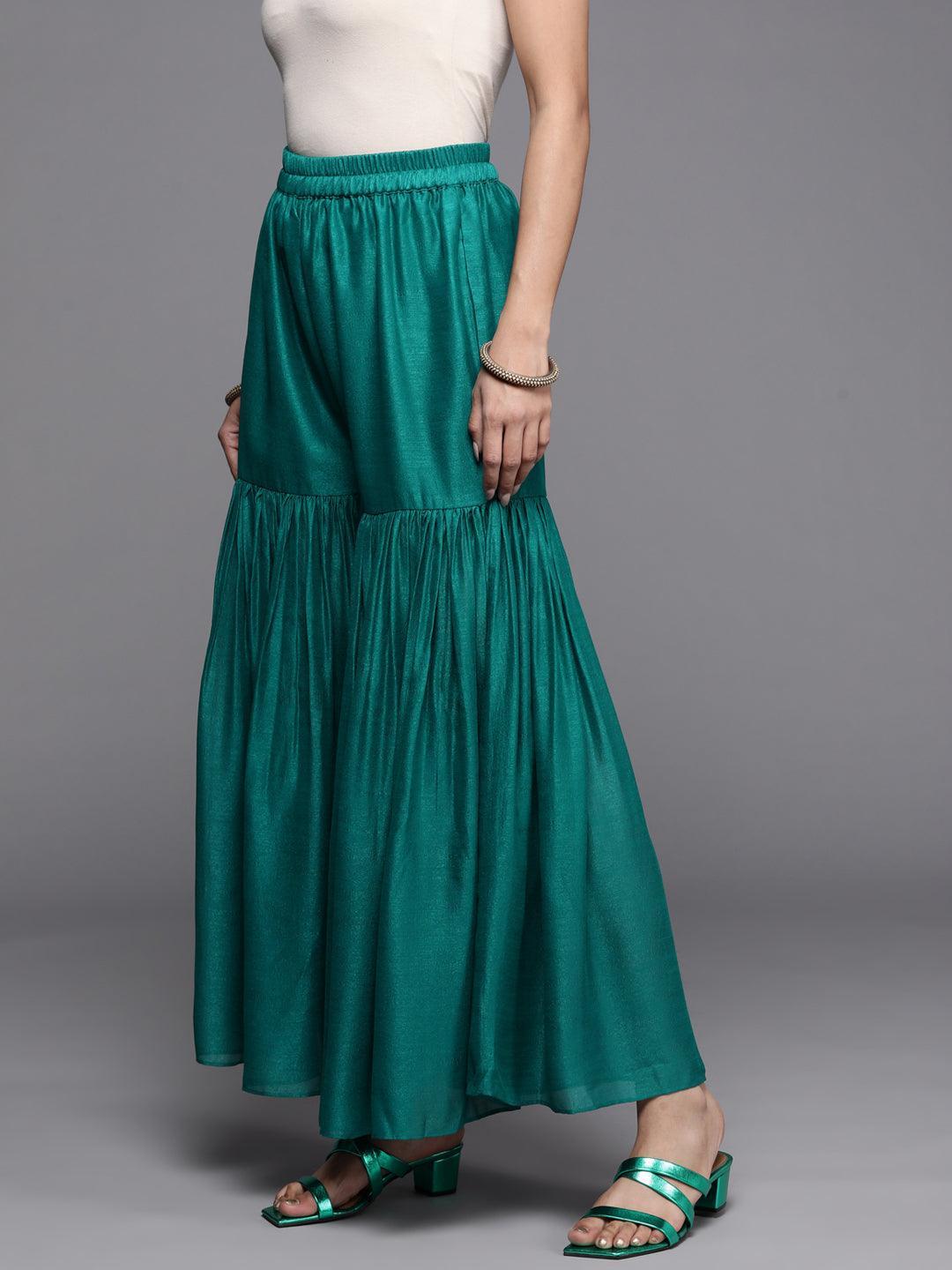 Green Solid Silk Palazzos - ShopLibas 
