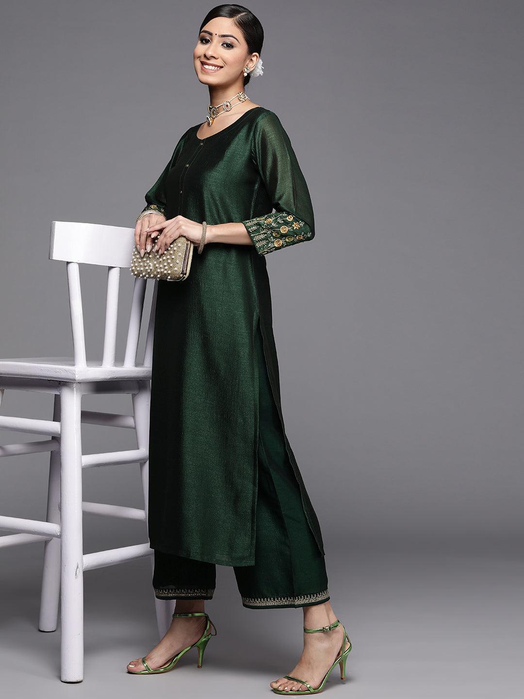 Green Solid Silk Palazzos - ShopLibas 