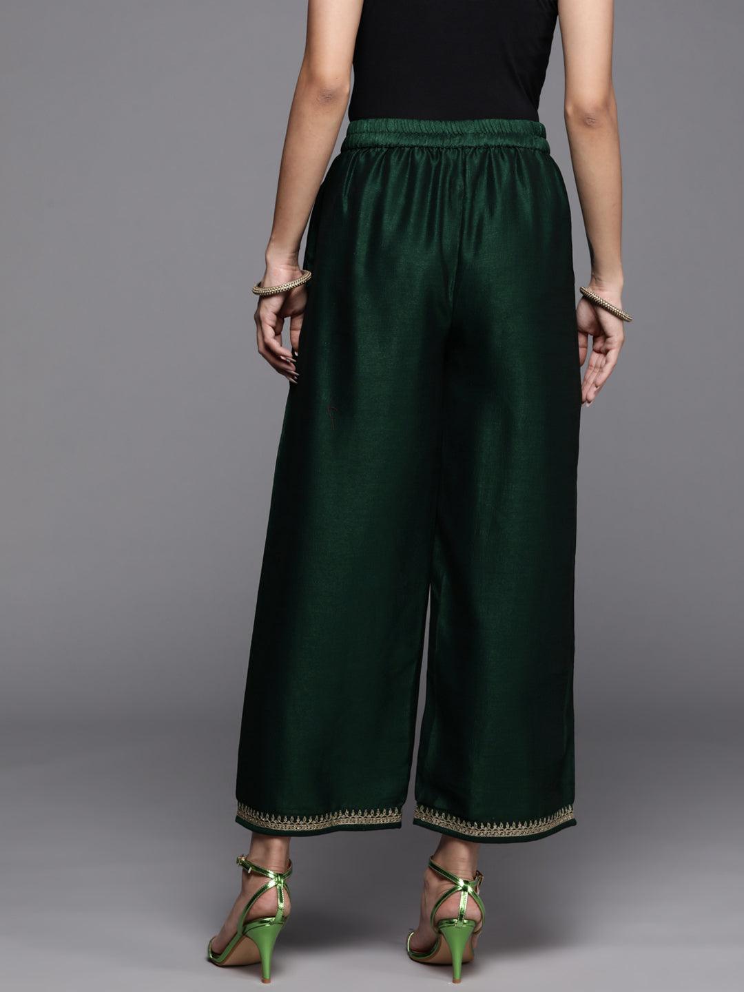 Green Solid Silk Palazzos - ShopLibas 