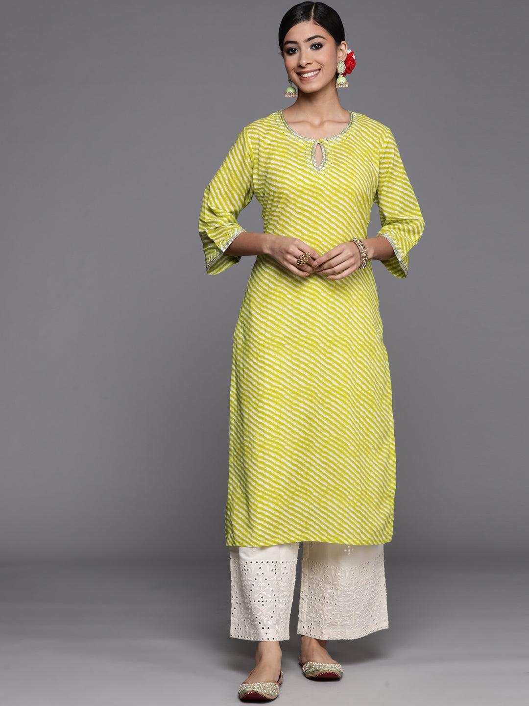Green Striped Cotton Straight Kurta - ShopLibas