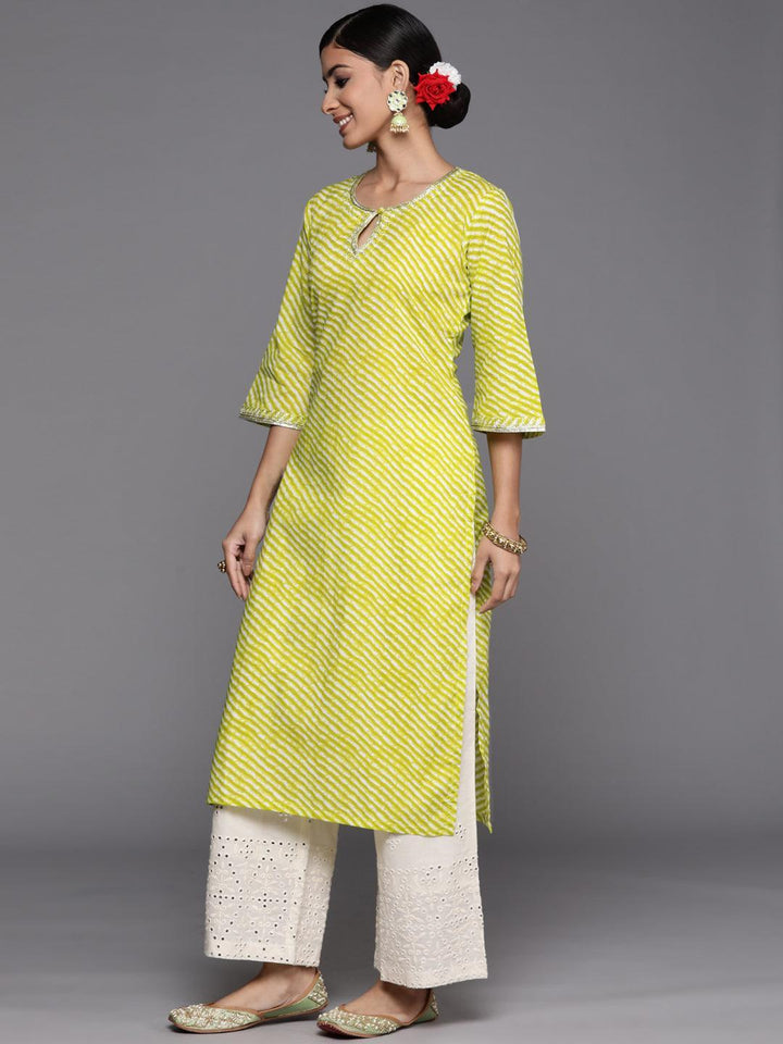 Green Striped Cotton Straight Kurta - ShopLibas