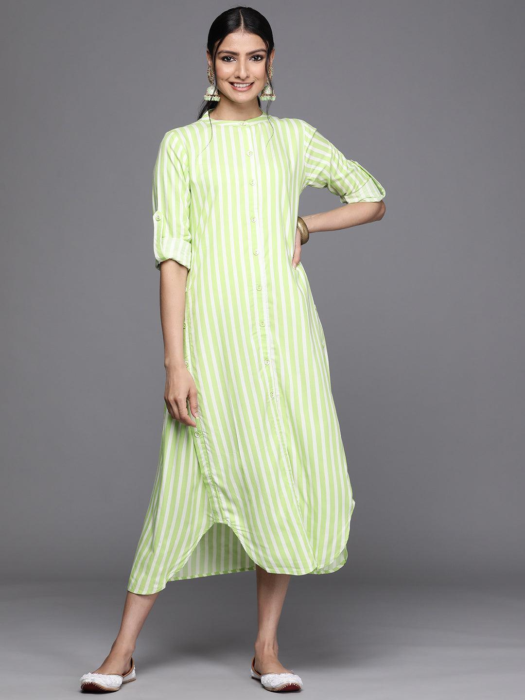 Green Striped Rayon Dress - ShopLibas