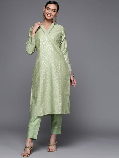 Green Woven Design Chanderi Silk Straight Kurta - ShopLibas