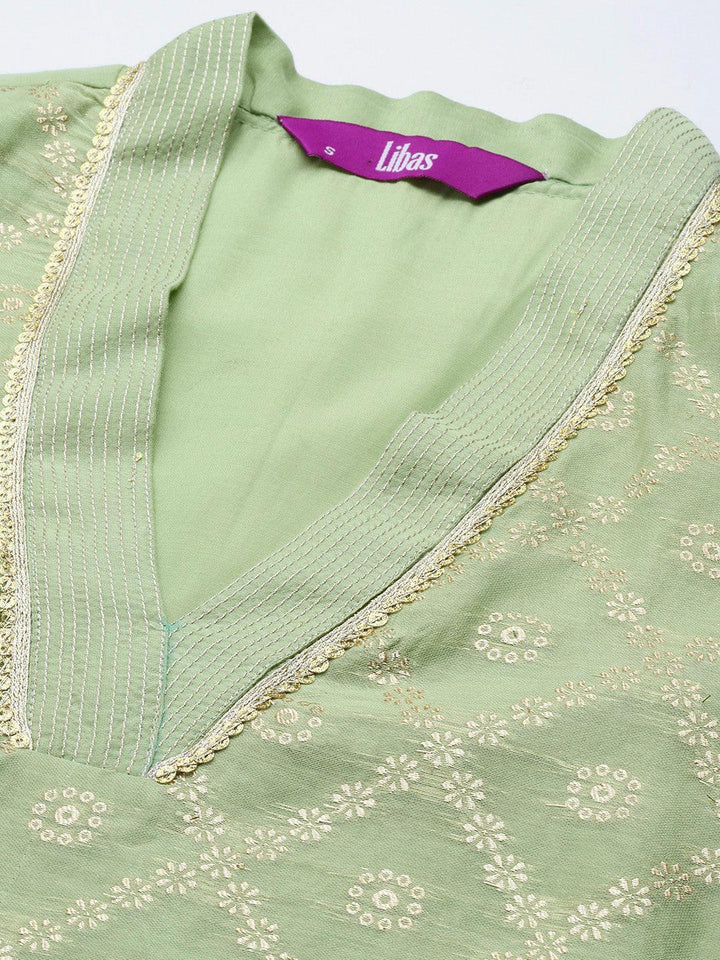 Green Woven Design Chanderi Silk Straight Kurta - ShopLibas