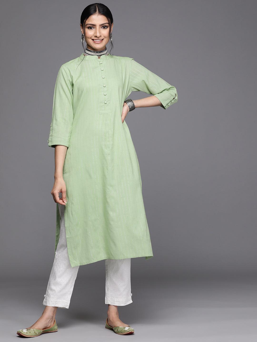 Green Woven Design Cotton Kurta - ShopLibas