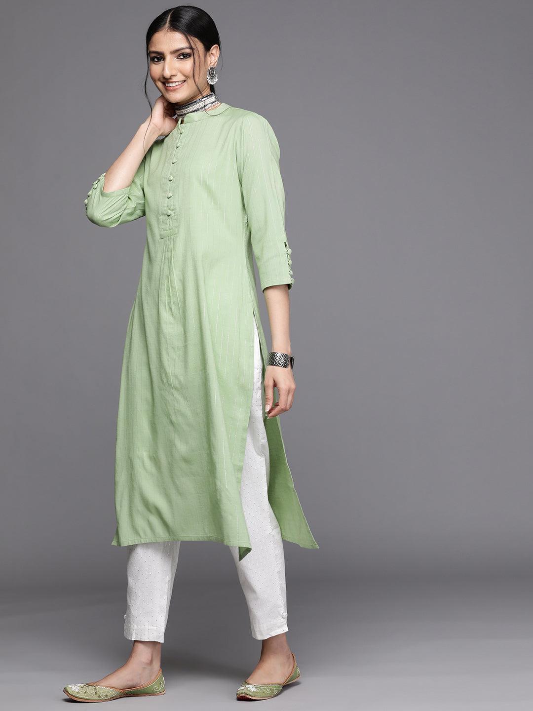 Green Woven Design Cotton Kurta - ShopLibas