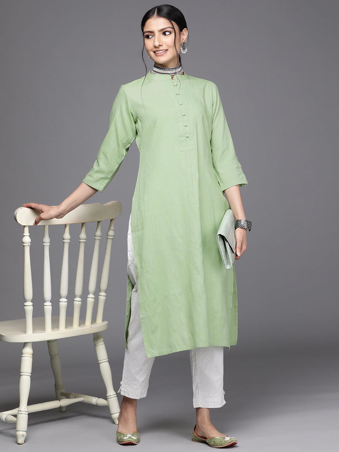 Green Woven Design Cotton Kurta - ShopLibas
