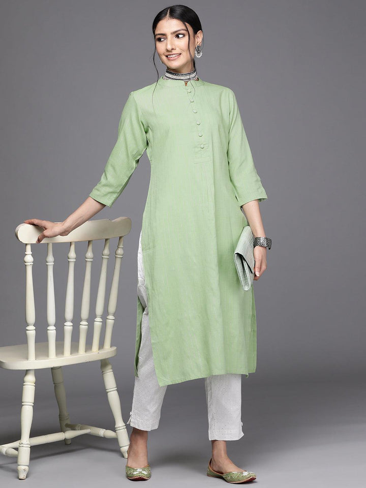 Green Woven Design Cotton Kurta - ShopLibas