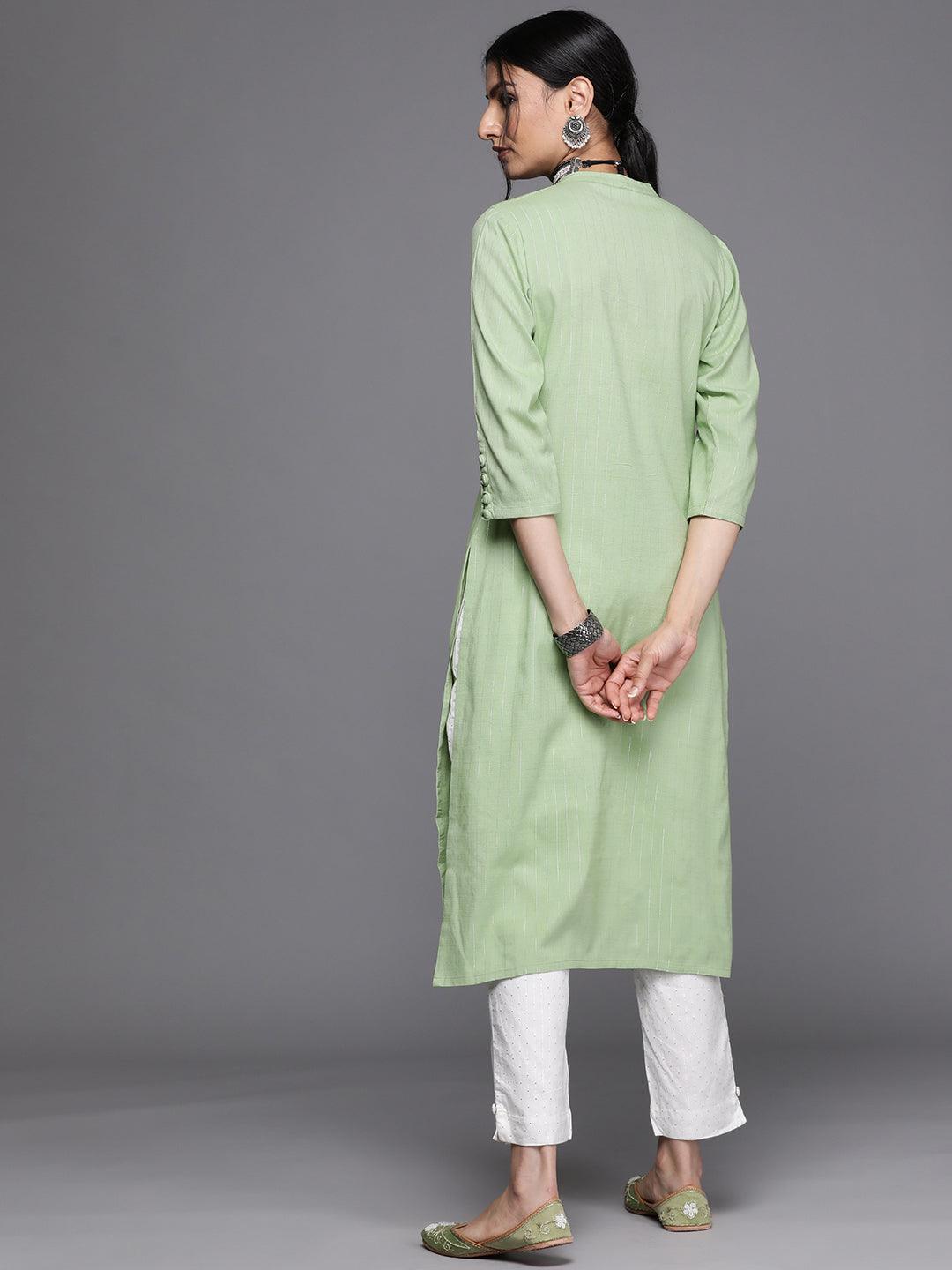 Green Woven Design Cotton Kurta - ShopLibas