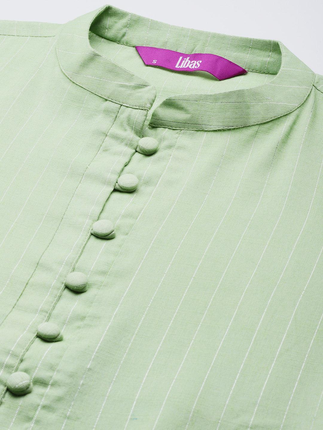 Green Woven Design Cotton Kurta - ShopLibas
