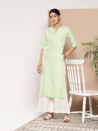Green Woven Design Cotton Straight Kurta - ShopLibas