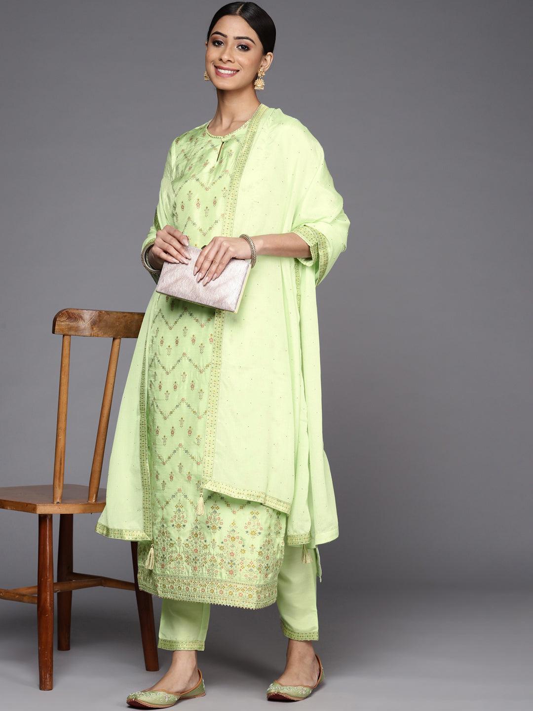 Green Woven Design Silk Suit Set - ShopLibas