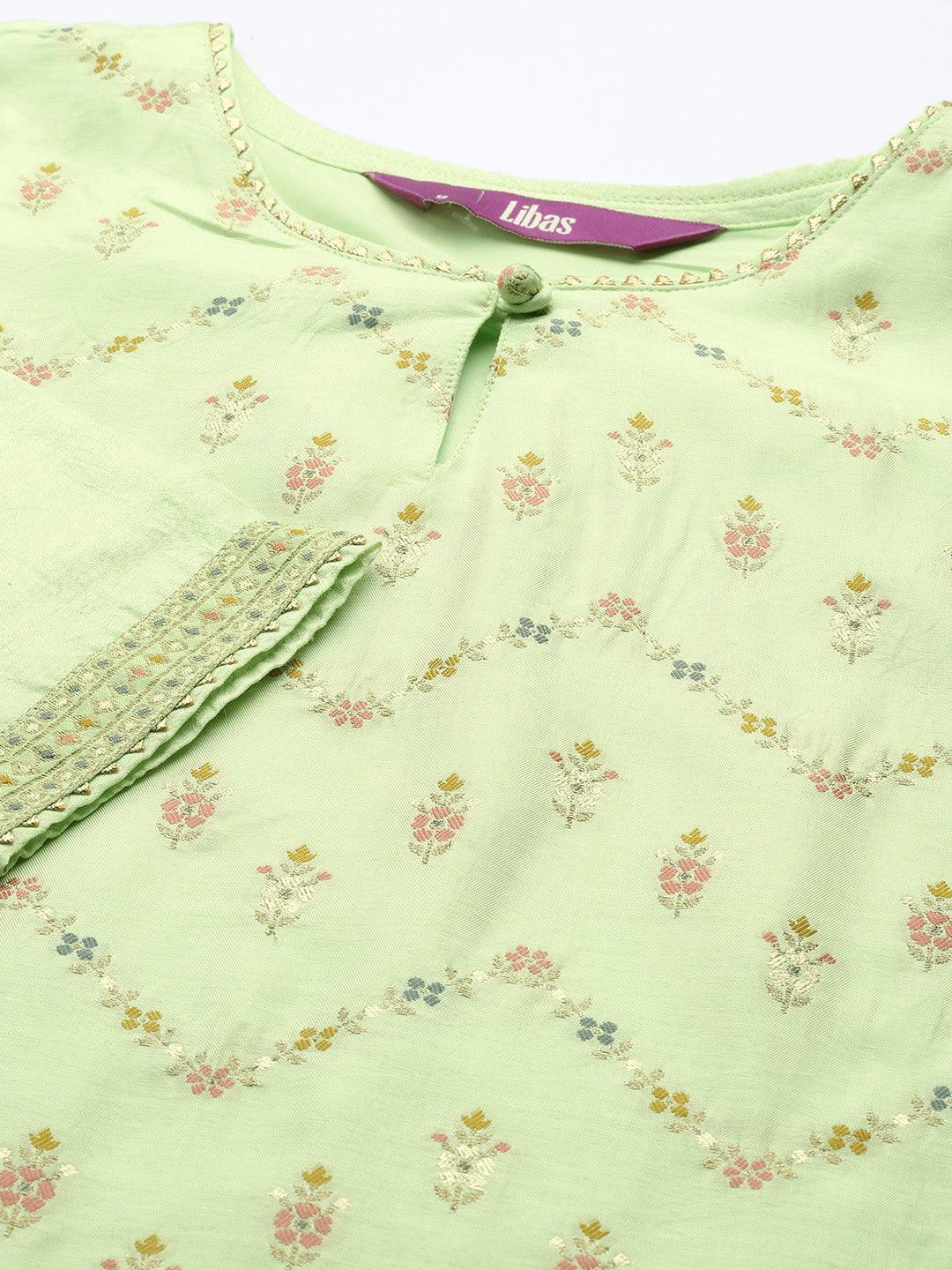 Green Woven Design Silk Suit Set - ShopLibas