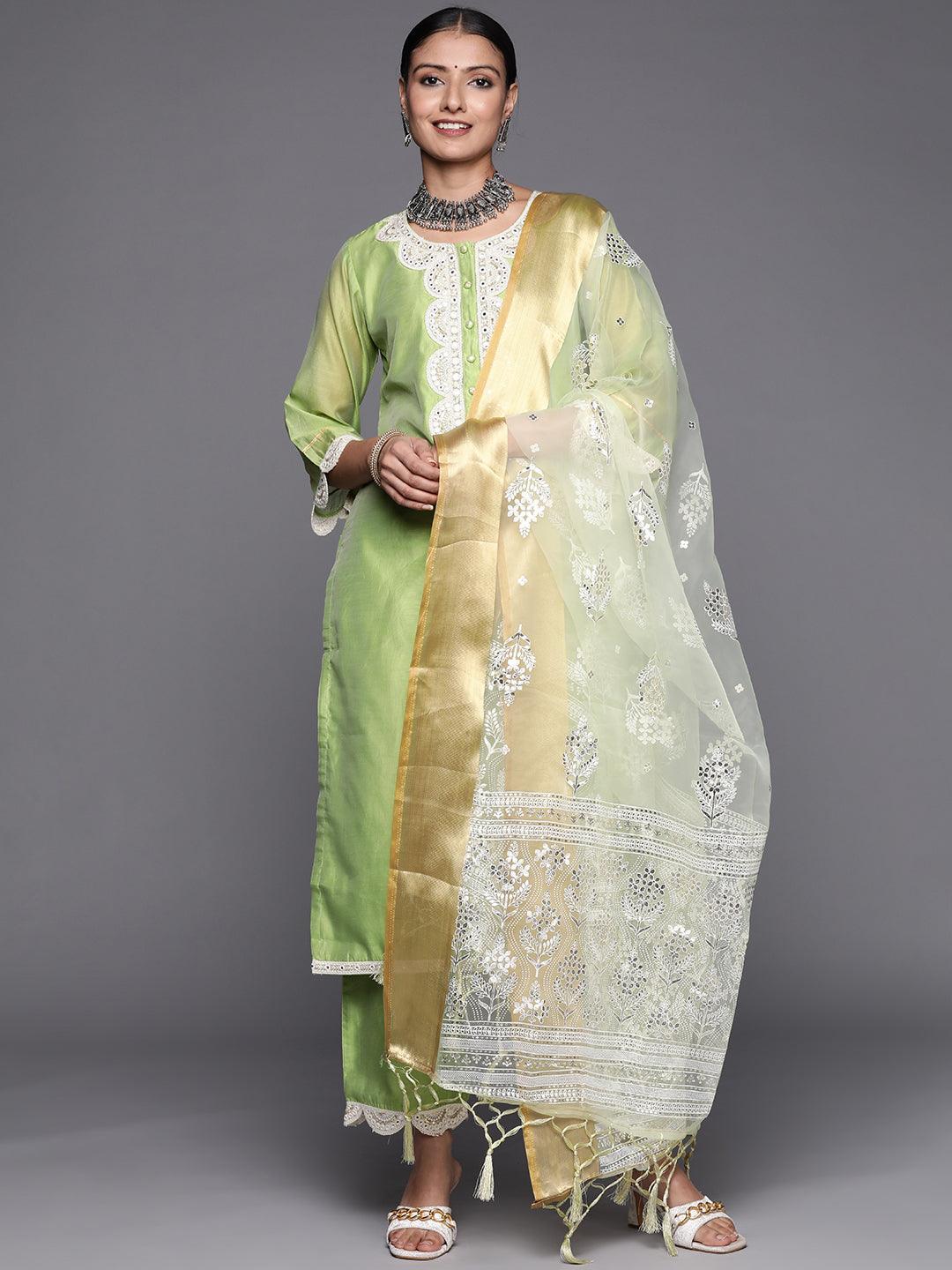 Green Yoke Design Chanderi Silk Straight Suit Set - ShopLibas